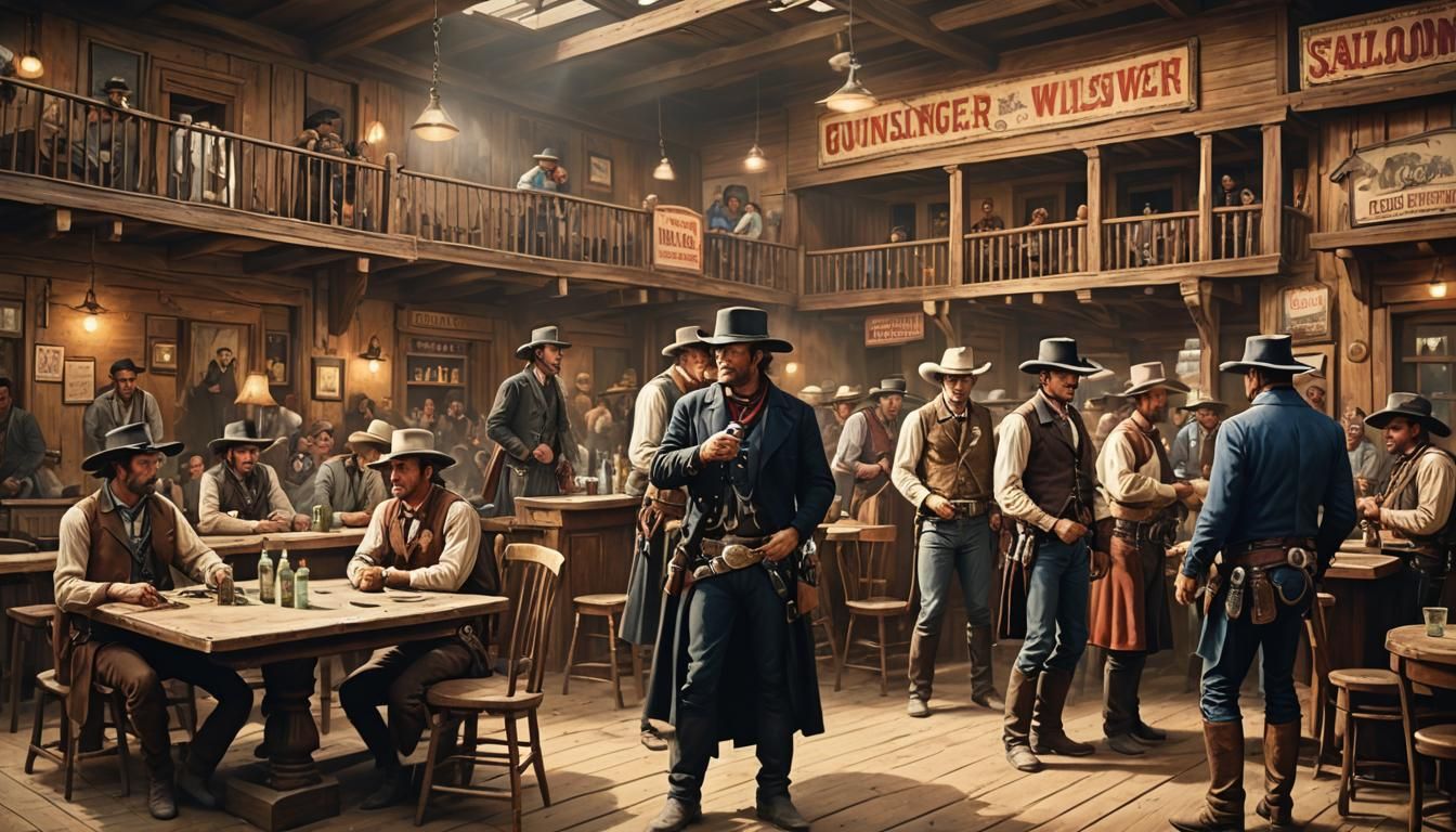 Dusty bustling saloon Wild West, gunslinger