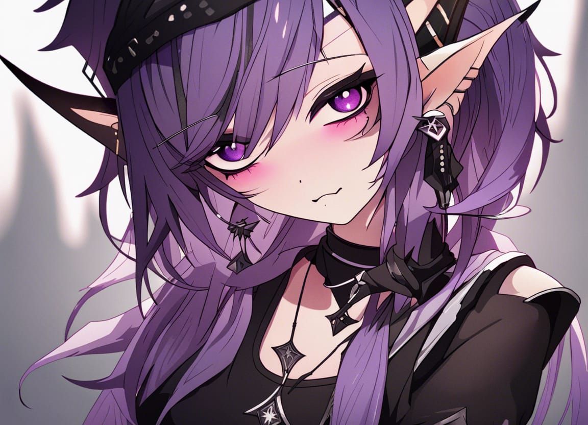 elf ears with piercing, eyes are purple, the hair is short color dark  purple, makeup in goth, rock and emo style and clothes mix in punk, em... -  AI Generated Artwork -