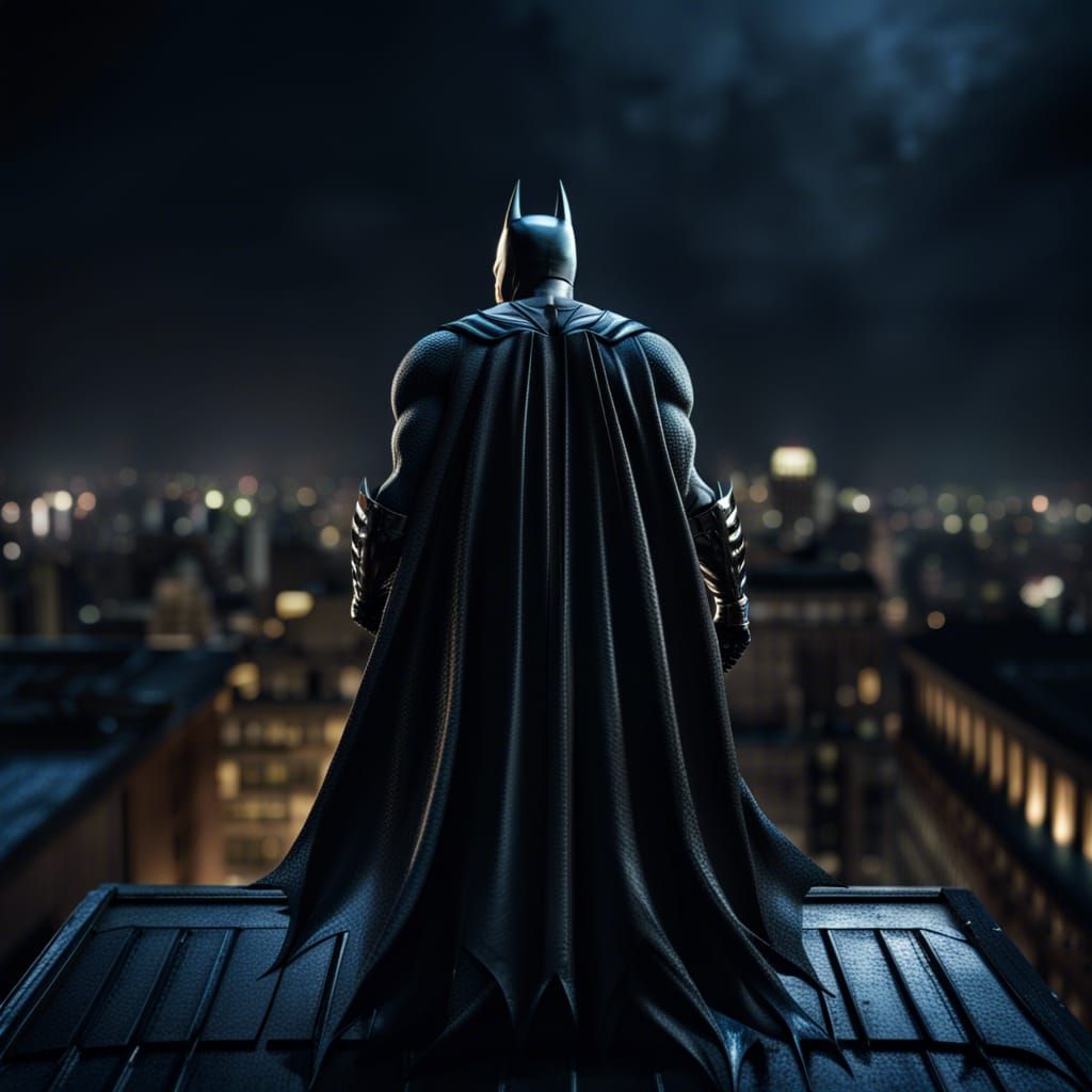 Batman standing on roof at night seen from behind - AI Generated ...