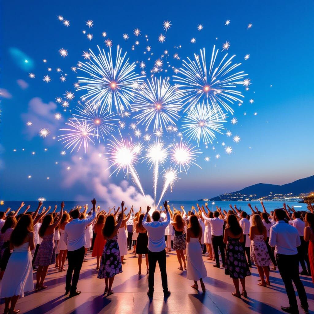 Festive Seaside Dance Floor with Fireworks