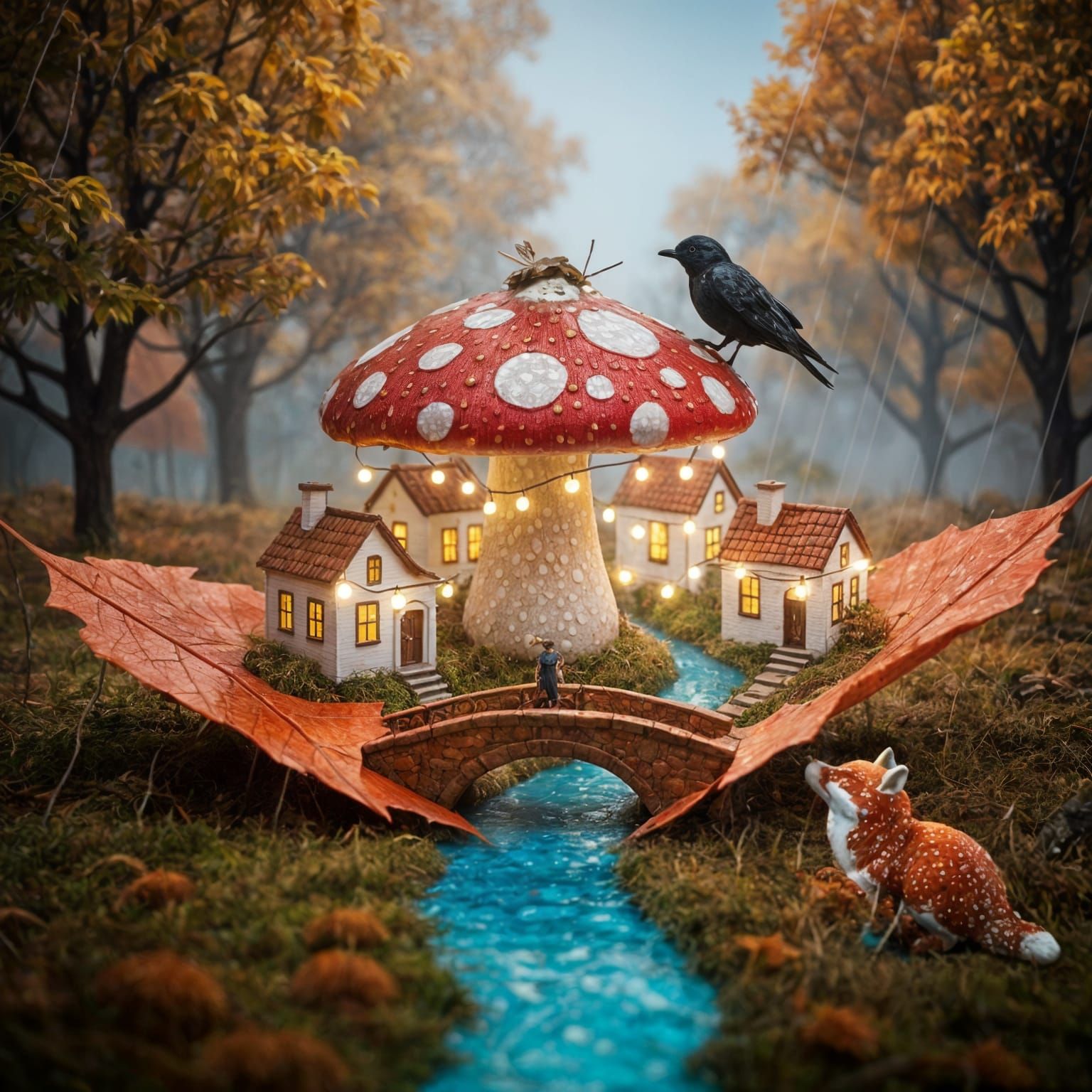 A surreal, highly detailed, and miniature autumn scene. The central element is a dry, wind-borne leaf (red/orange) serving as the foundation...
