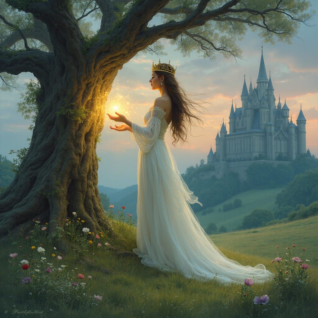 A lady casting a spell on a tree. In the background there is a castle. The lady is wearing a white long flowy dress with a gold crown on her...