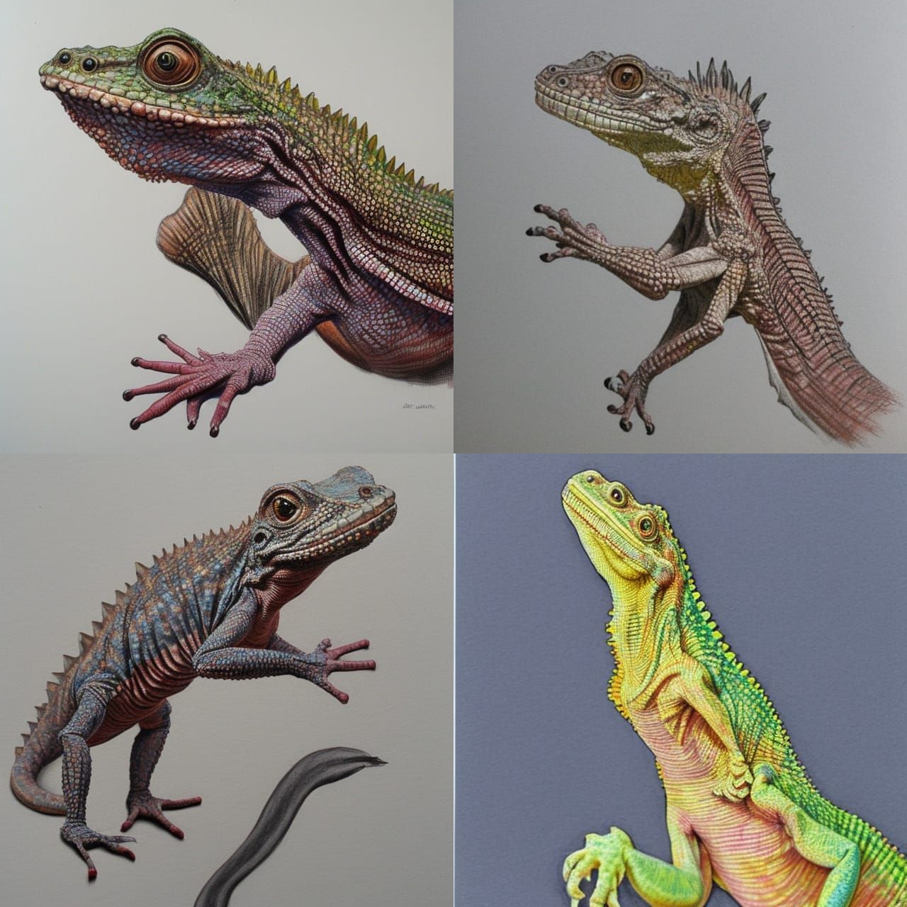 Frilledneck Lizard running with frill open, coloured pencil sketch