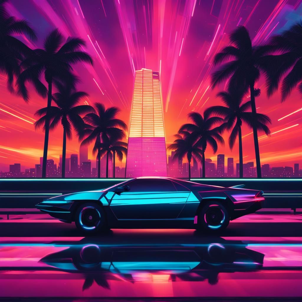 at night, miami vice style, Tron style, synthwave style suns...