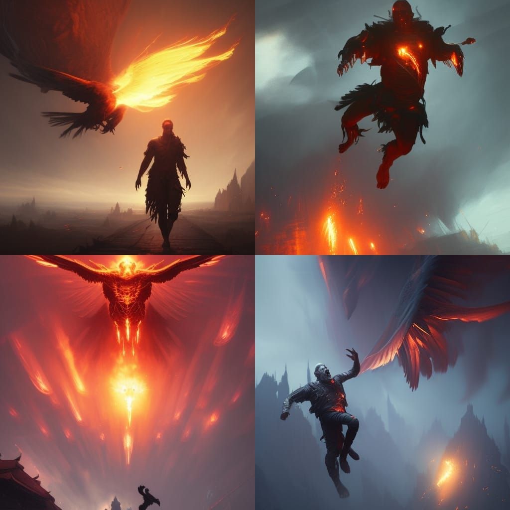 Flying human having flames inside him