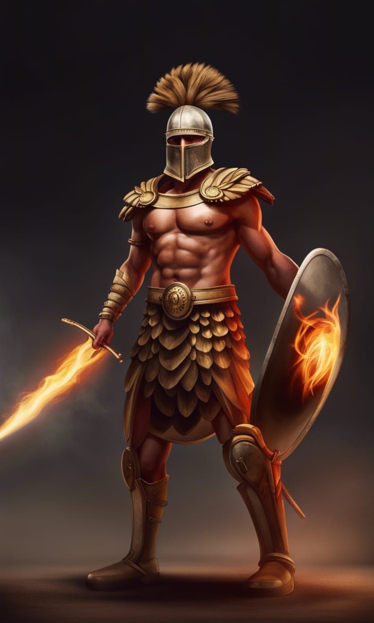 Gladiator with flaming weapons wearing a Thracian helmet. - AI ...