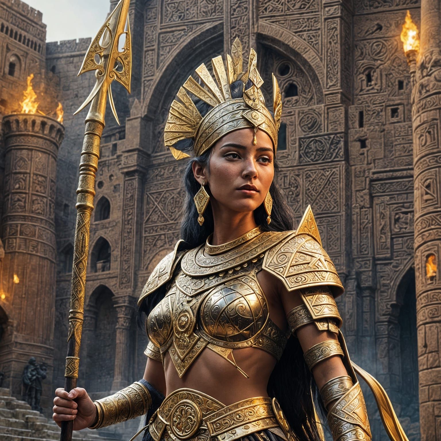 A dramatic, mystical scene set in the medieval era of Amazigh (Berber) mythology. At the center stands a powerful Amazigh goddess, clad in s...