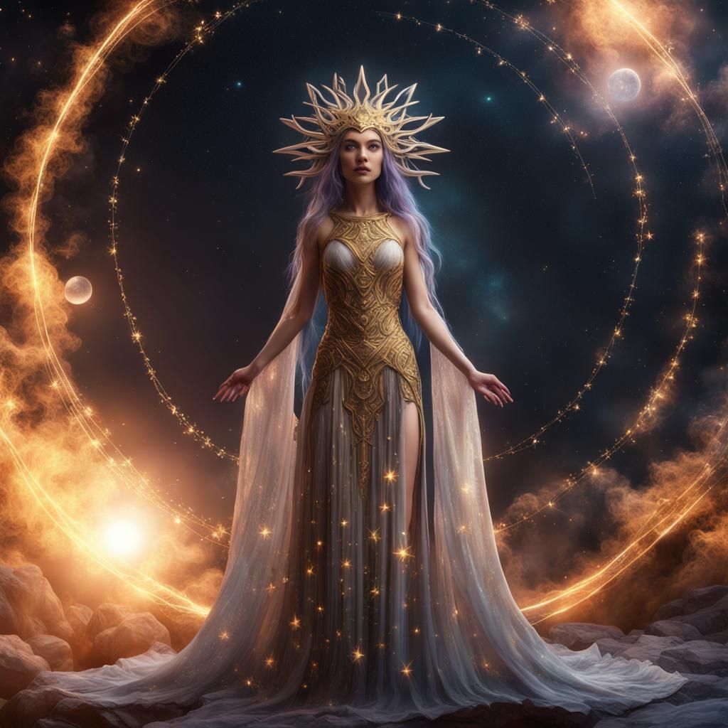 etheral sun and moon goddess magical effects stars flowy dre...