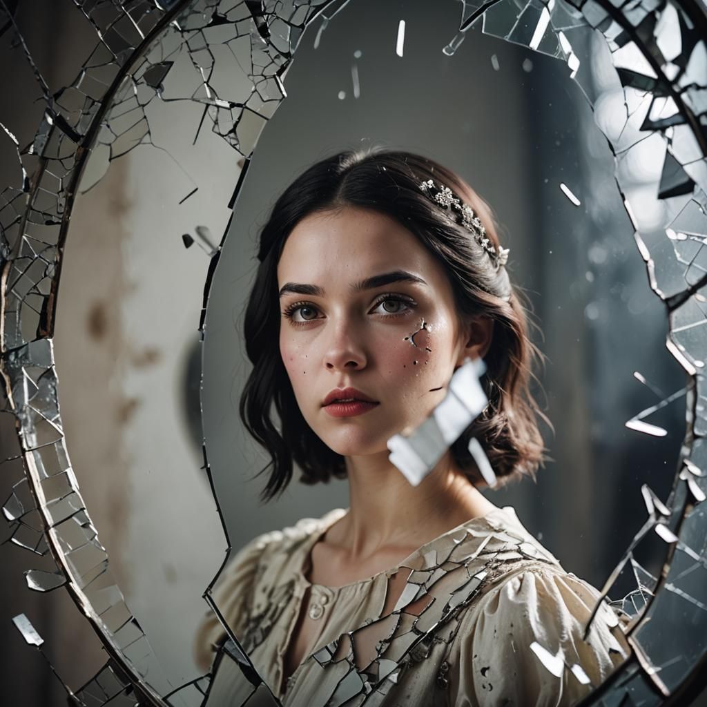 Snow white girl is  looking at herself in a cracked mirror