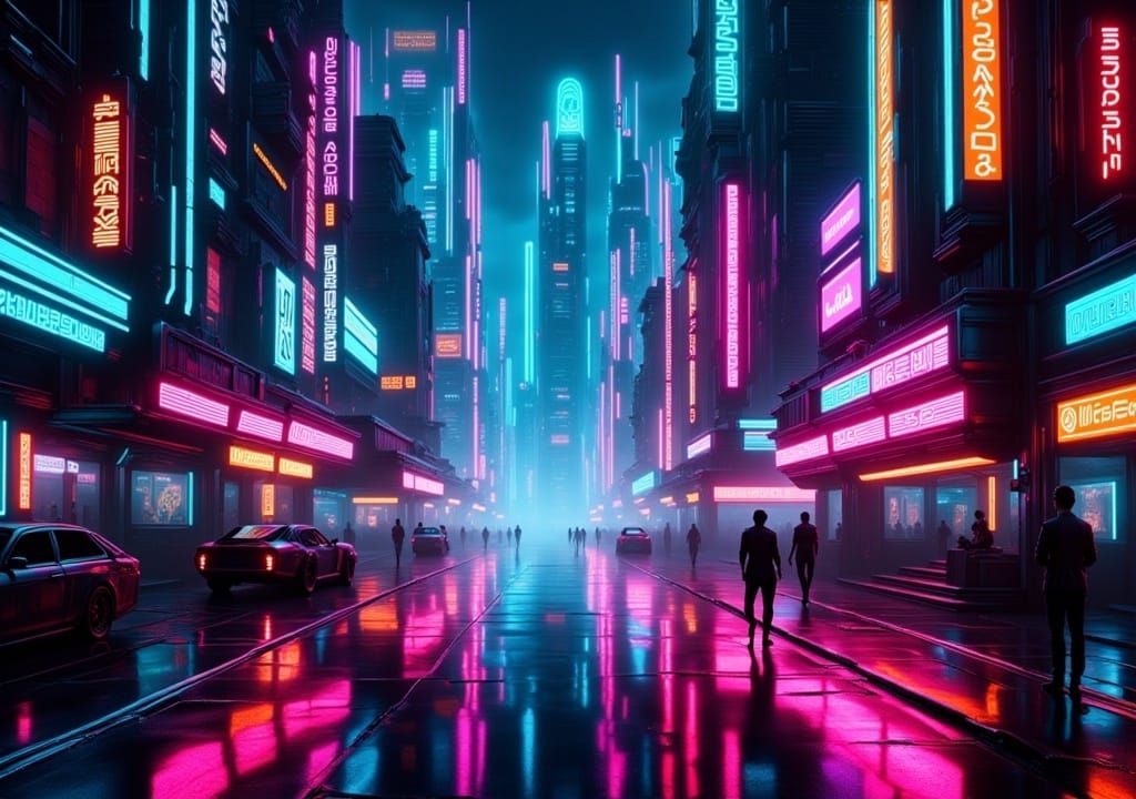 <lora:Cyberneons:1.0>Insanely detailed photorealistic, cyberpunk stunning cityscape, moody, Neo noir, retro futurism,  Blade Runner, Cyberpu...