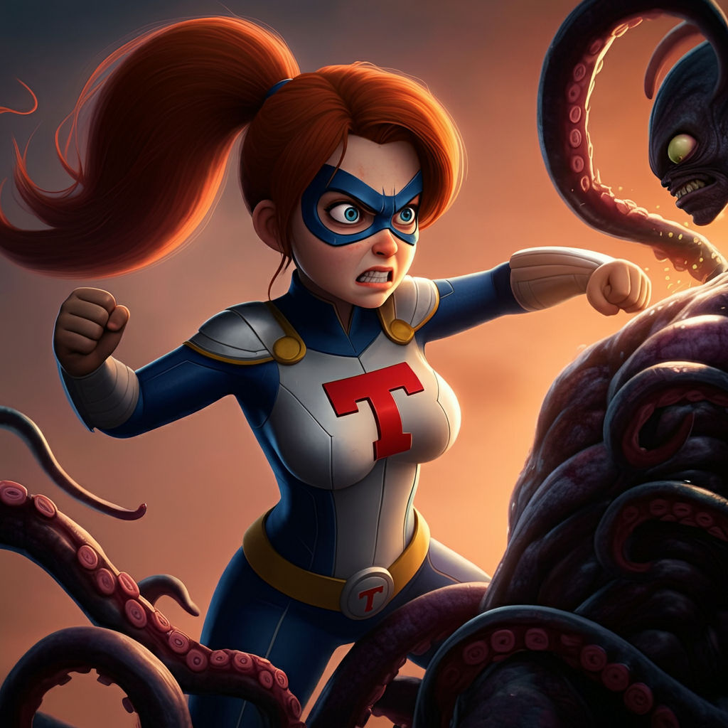 The superheroine, the Tangler, fighting off the alien invasion