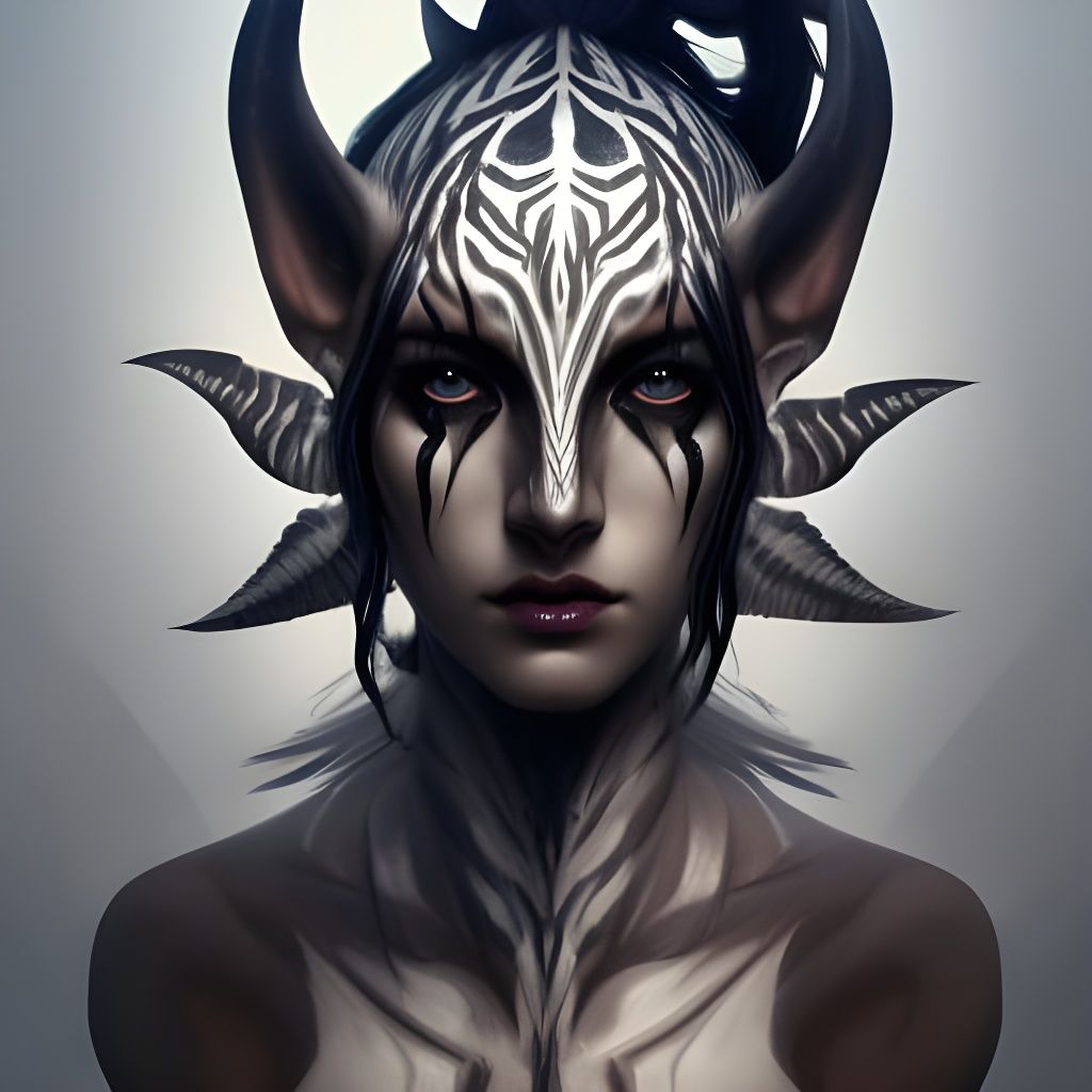 Dark elf with horns and zebra skin patterns and white eyes, ...