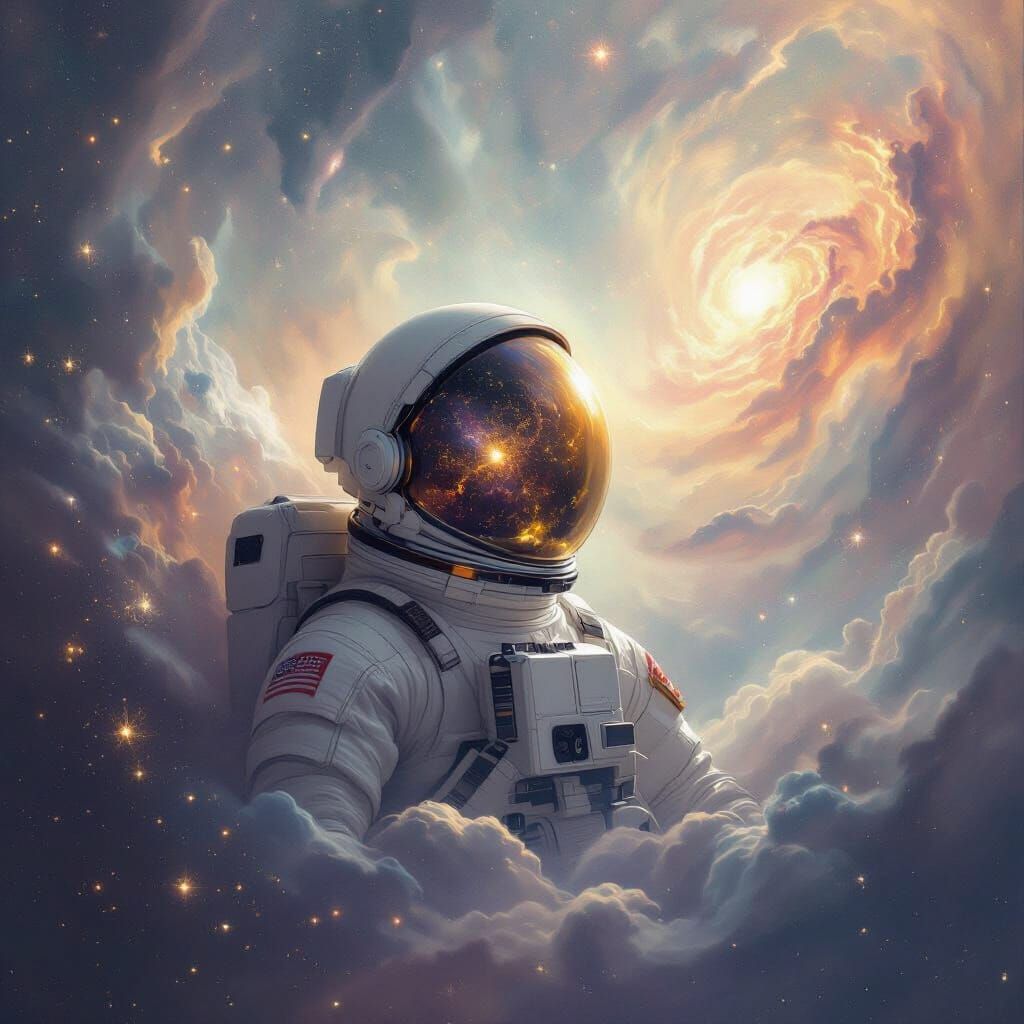 A lone astronaut adrift in the vast expanse of a nebula, surrounded by swirling cosmic dust and distant galaxies. The astronaut's visor refl...