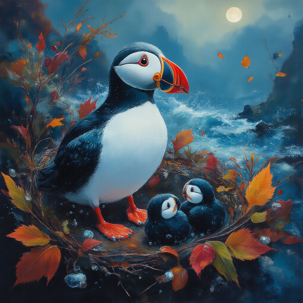 Atlantic Puffin with her chicks i