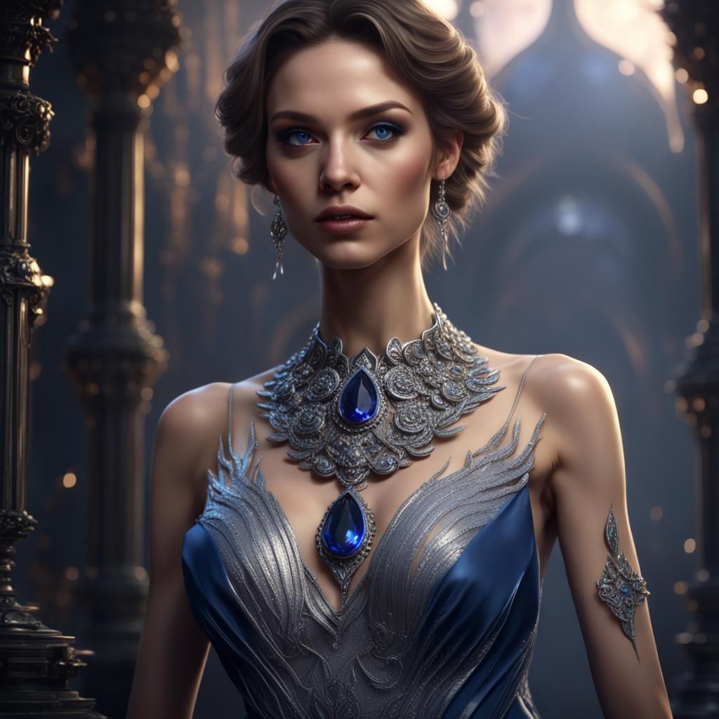 Beautiful slender woman ; silver dress ; sapphire necklace ;