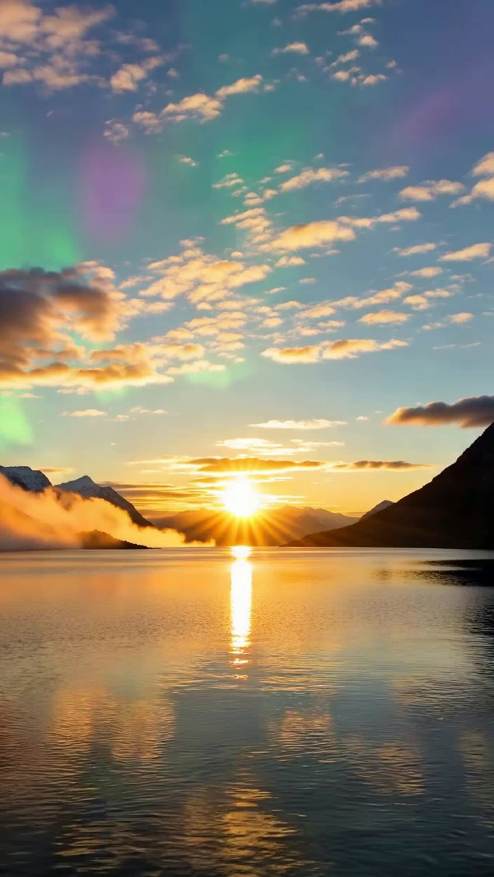 Seedance 1.0 Lite style, 1:1 ratio, looping animation, cinematic northern sunset over calm fjord, golden light reflectin...