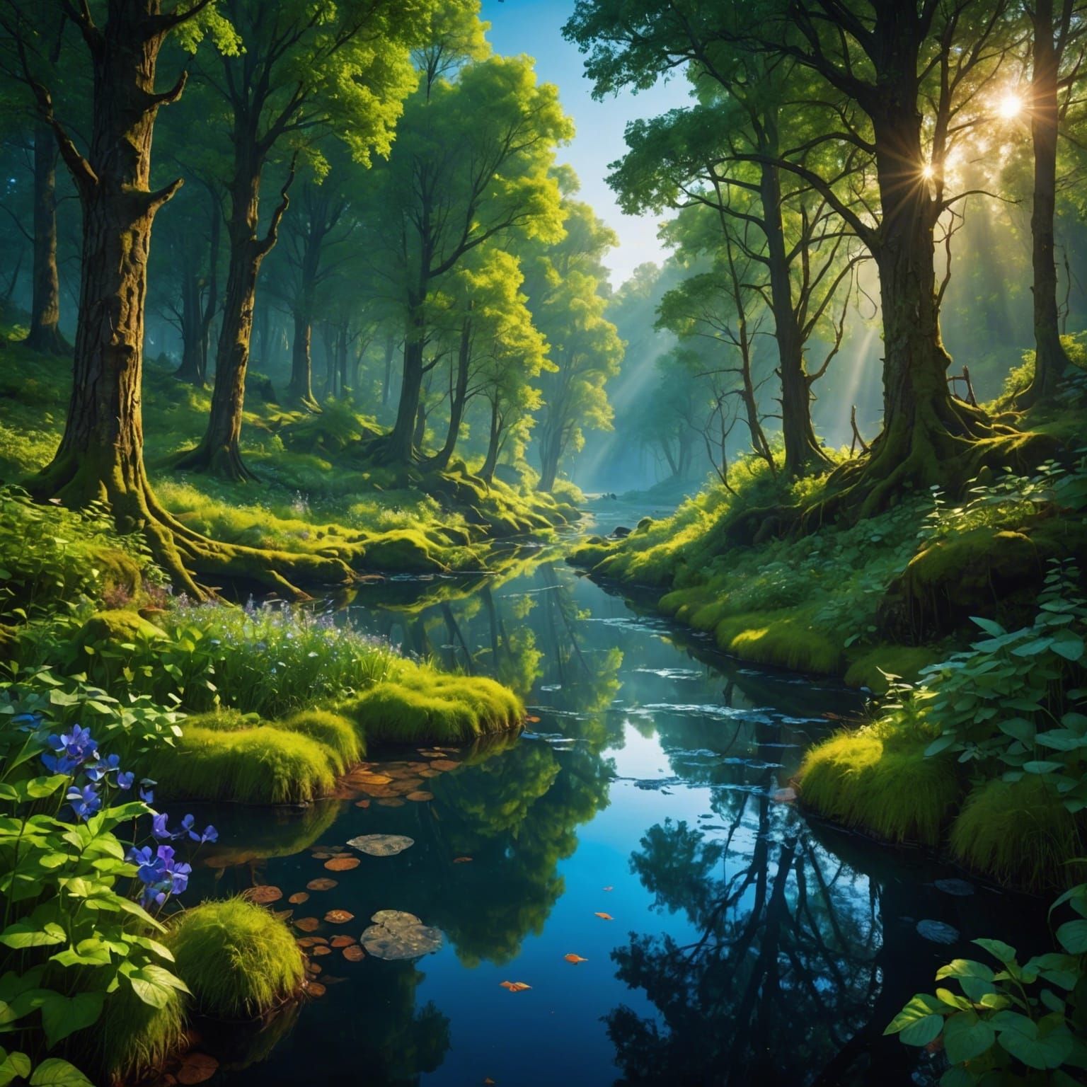 ""River in an enchanted forest 🌲, magical gaming world, beautiful, fantastical, professional photography, ...  by @HE