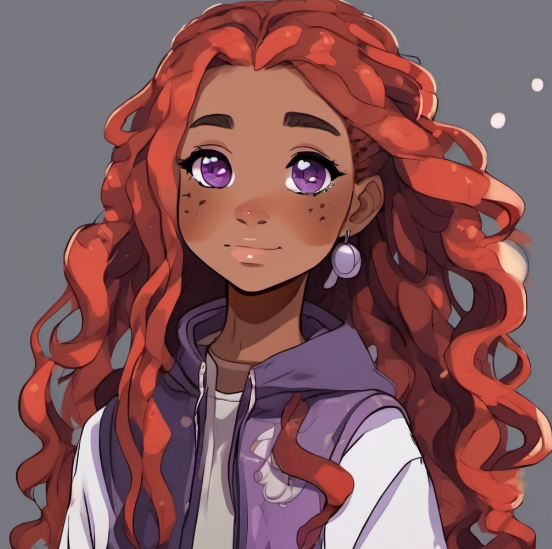 Anime young girl, long red wavy hair, purple eyes, freckles, gray background