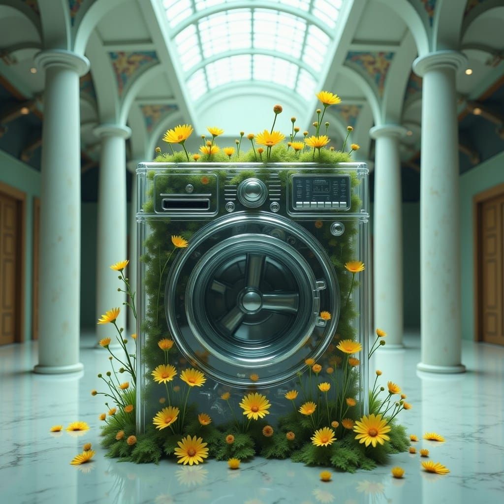 <lora:Transparent:1.0>A transparent washer machine shows all the parts inside, the engine, the mechanic, and every detail. It is entirely tr...