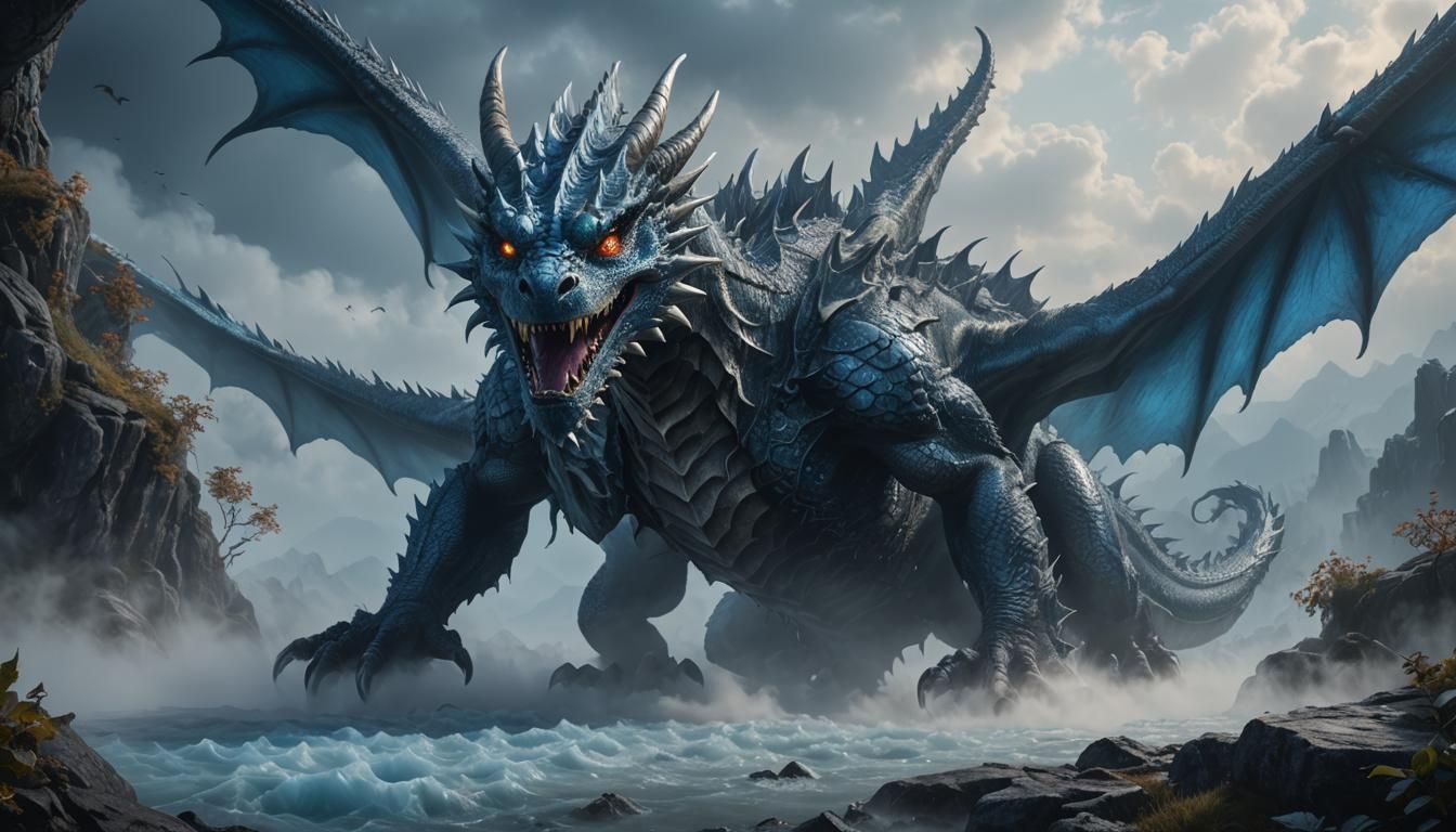 a dragon hiding behind a silvery blue fog. Only the glowing ...