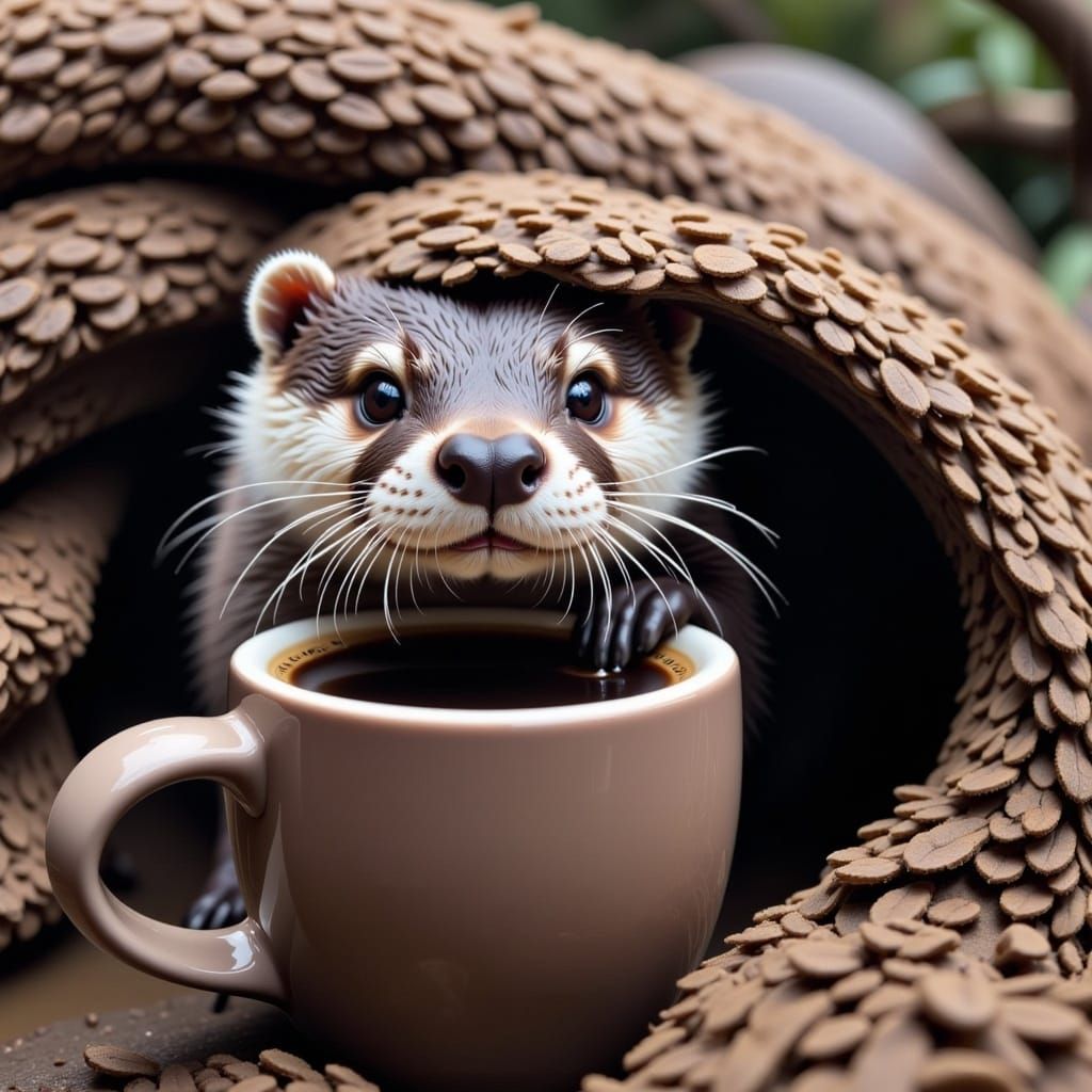 <lora:Coffee Mania Fx:1.0>, An otter peeking out of a ☕️, ❤️‍🔥🏔️🏡