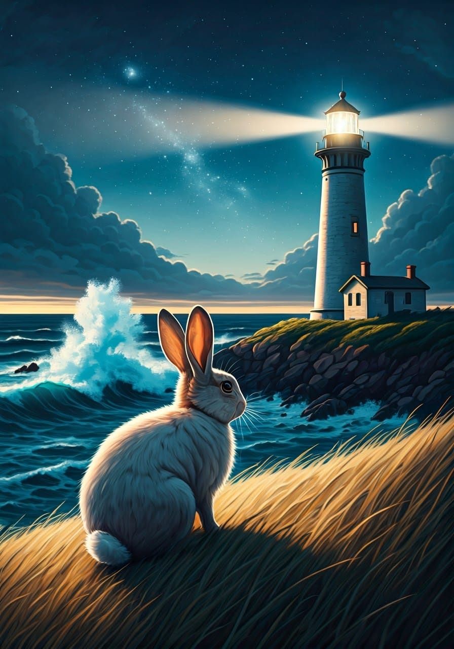A rabbit on a hill overlooks a gorgeous lighthouse on the coast at night.  by @Autumn