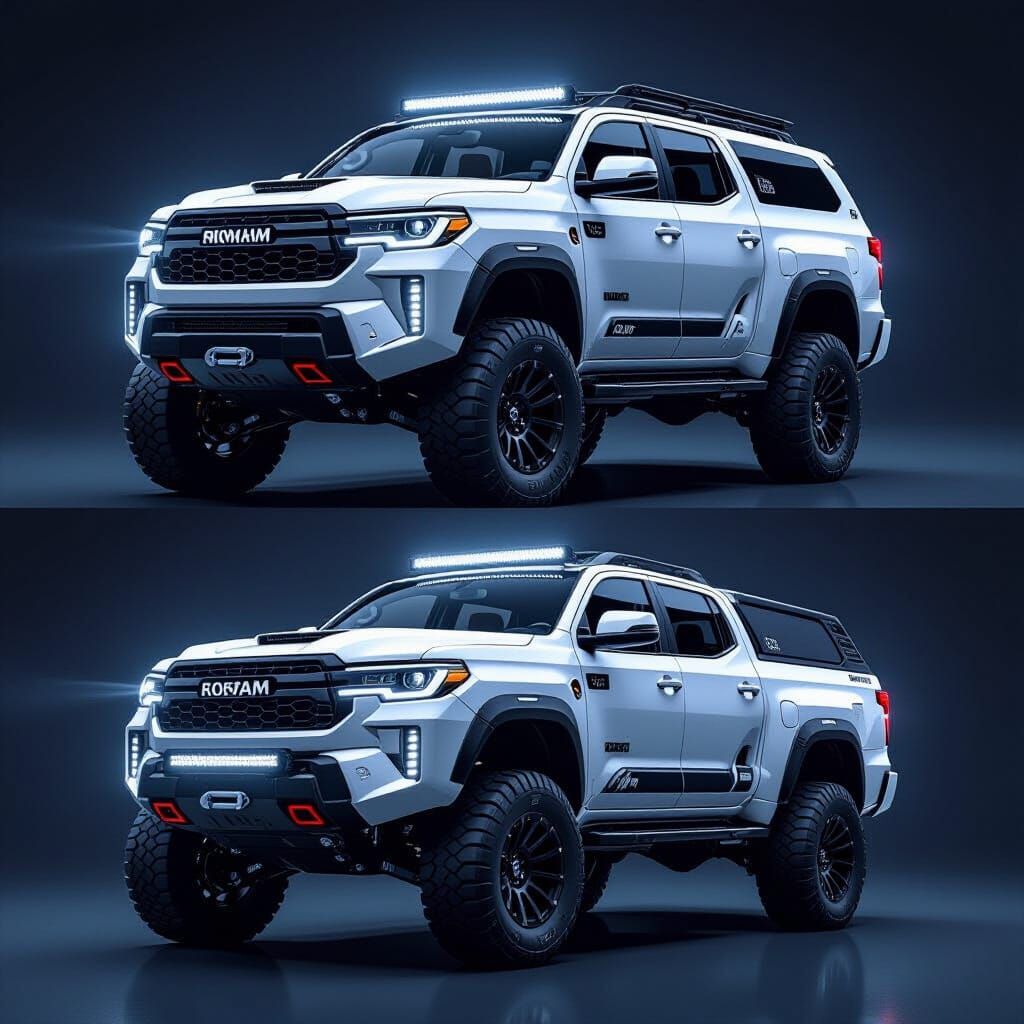 Futuristic aggressive 4x4 truck, silhouette of a Toyota Sequoia but larger, geometric and angular design, white LED headlights, huge off-roa...