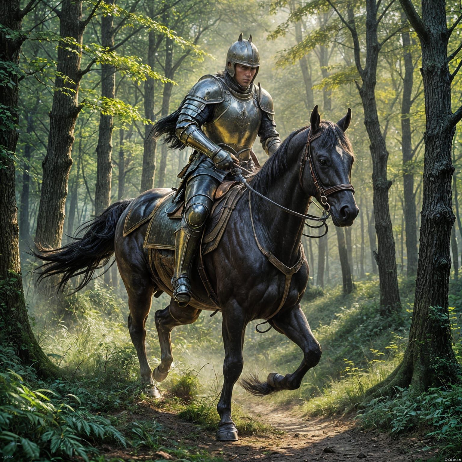 Knight Galloping Through Forest: Oil Painting