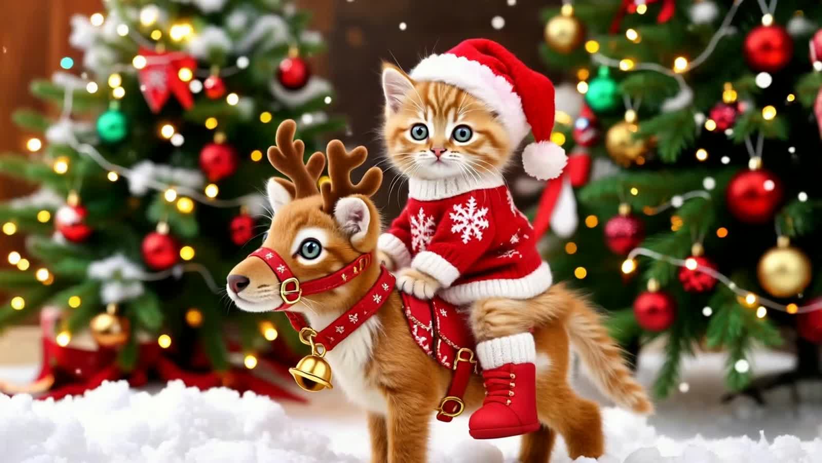 An adorable ginger kitten, featuring wide, bright blue eyes, wearing a Christmas-themed outfit, is sitting atop a small ...
