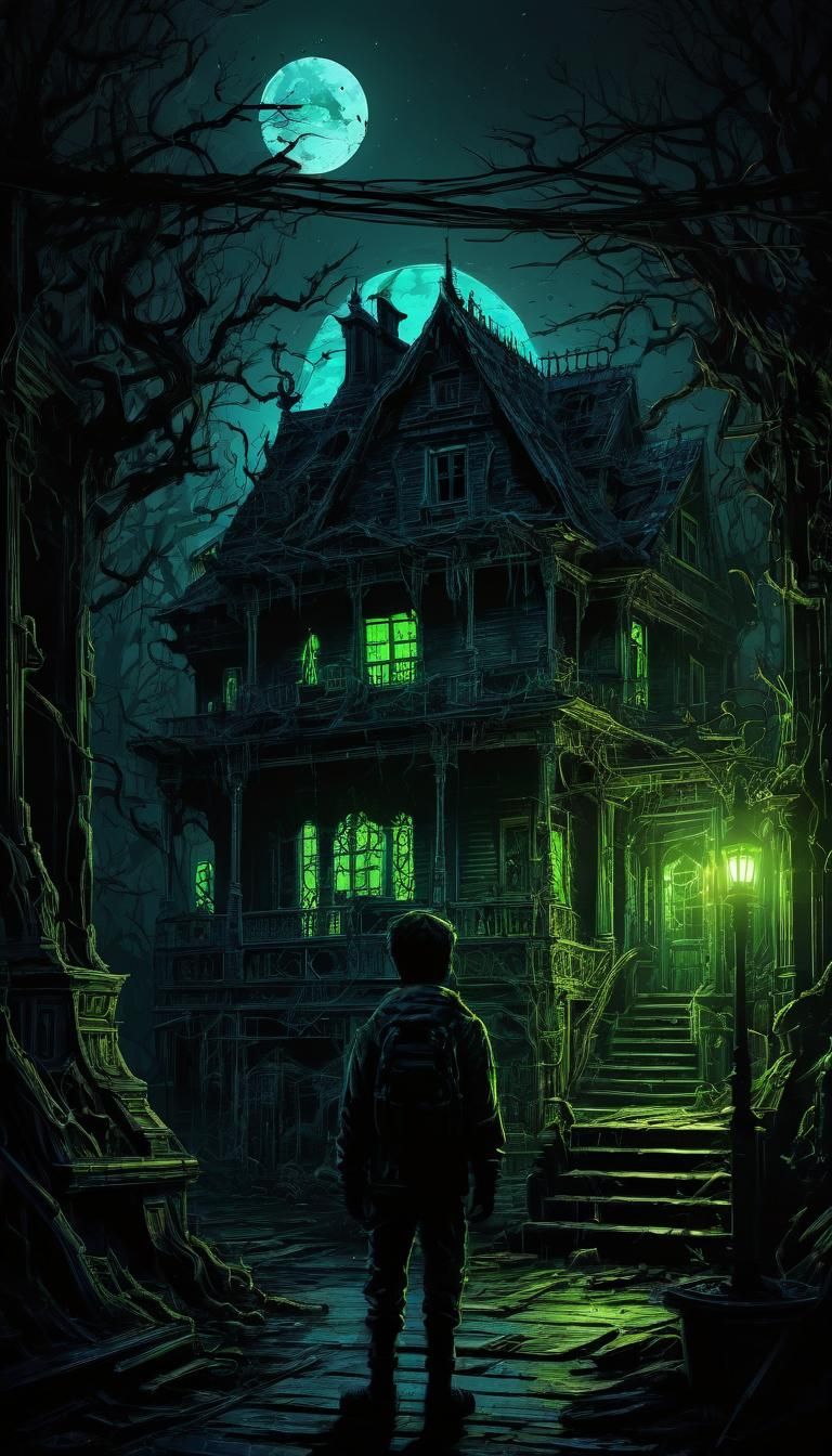 Spooky fluorescent boy in a dark house. Deep night, horror, upsetting. Meticulous detailed, hyperdetailed, ...  by @LoscoFiguro