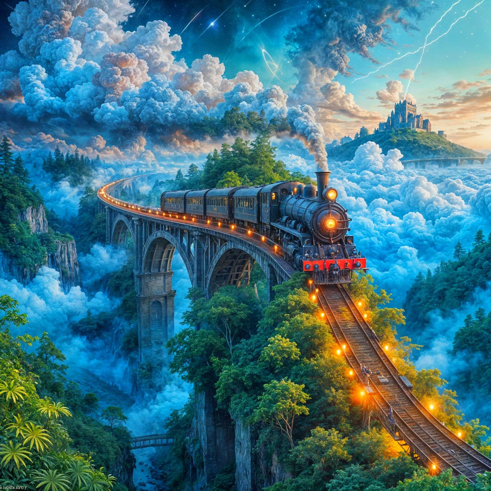 Steam Train Crosses Cloud Sea in Fantastical Realm