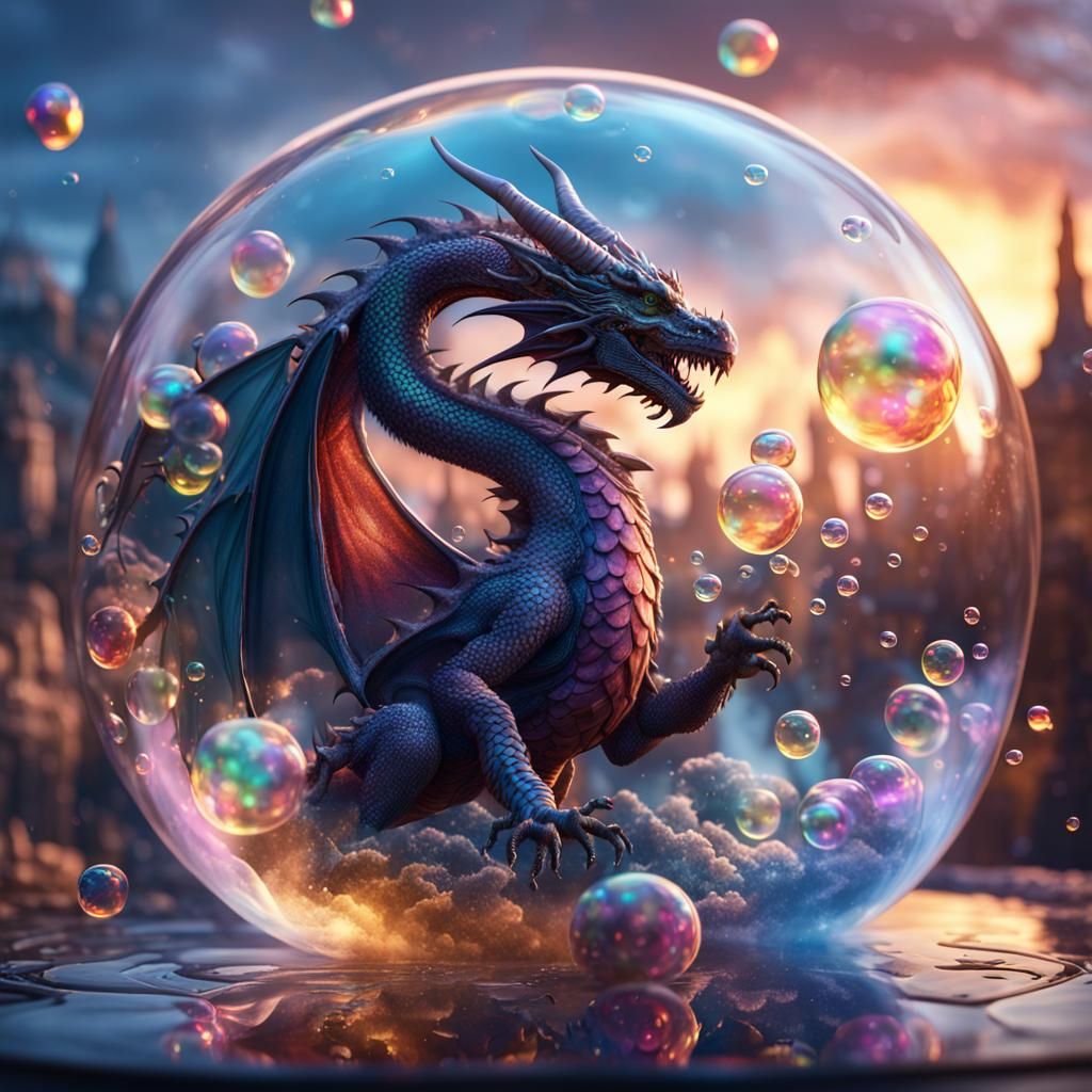 A dragon reflected in soap bubbles