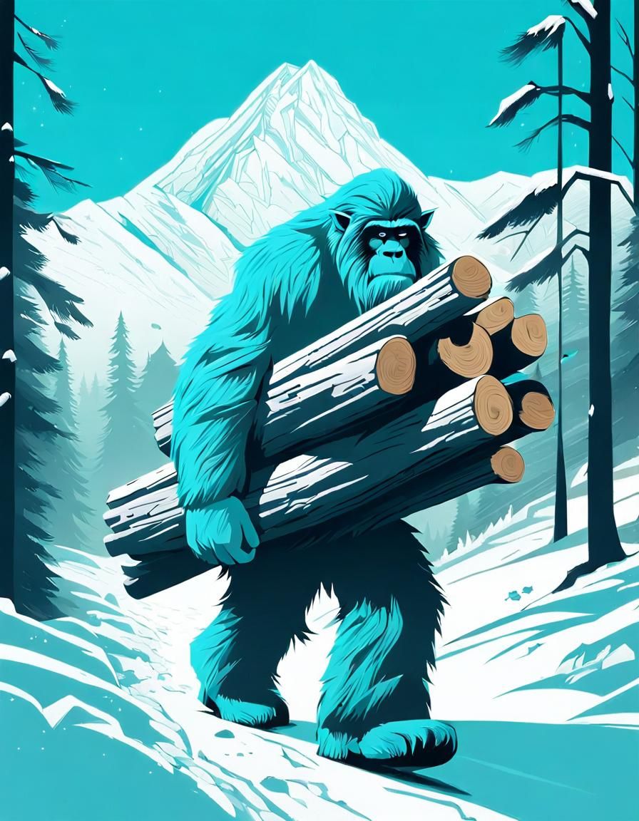Cyan monochromatic art work, yeti carrying logs pile of over...