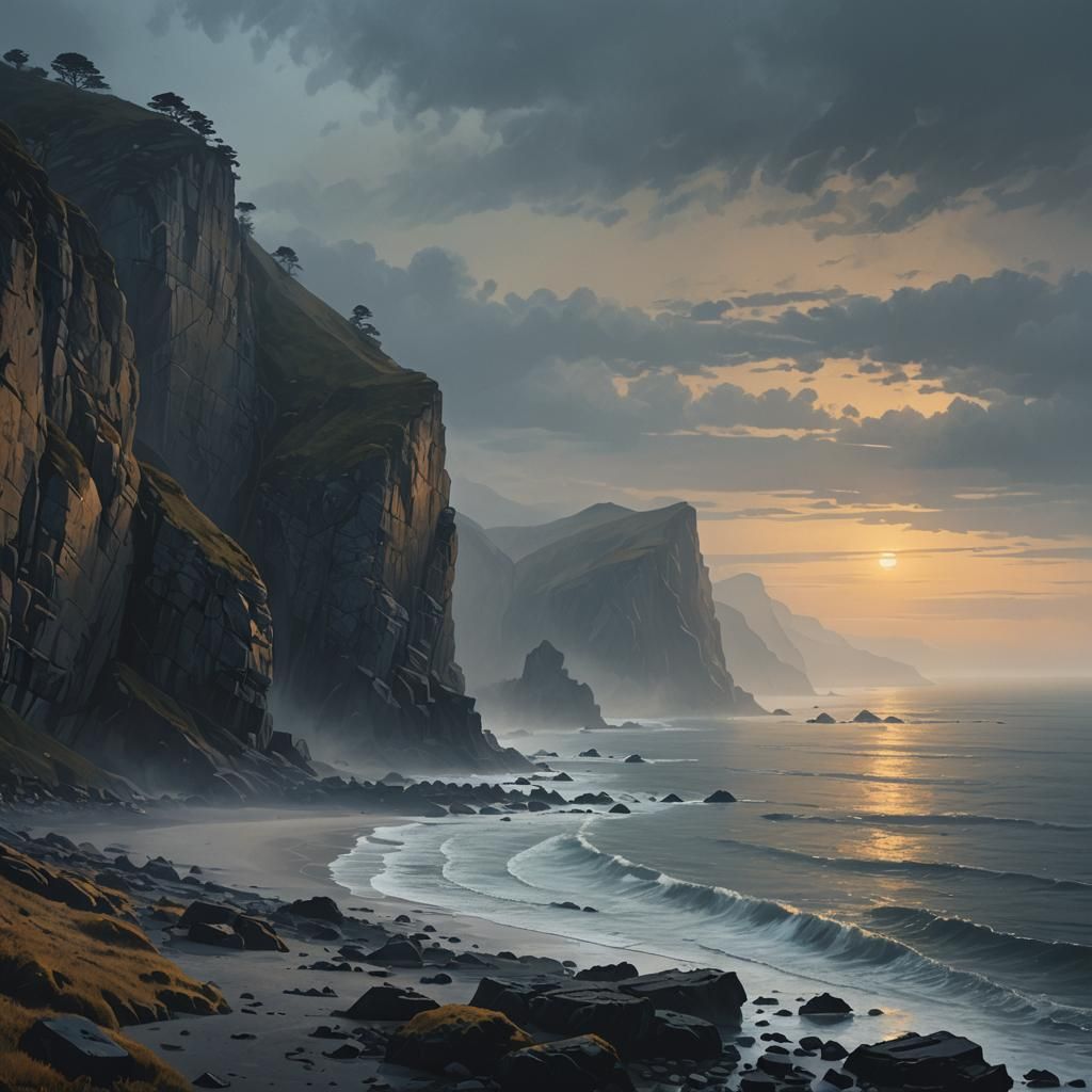 Eerie Coastline Sunset: Atmospheric Digital Painting