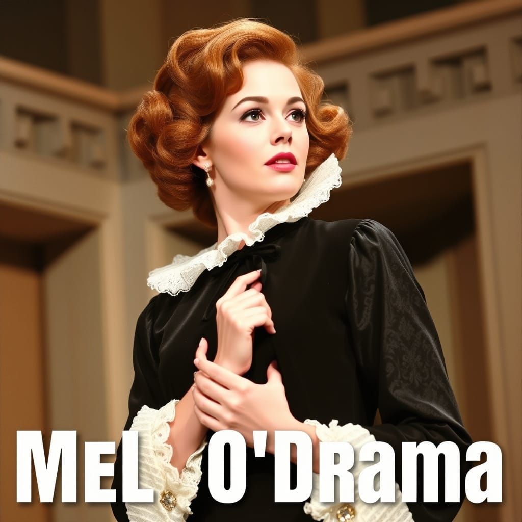 An attractive 1960s pinup auburn haired actress. On stage, dressed as a Shakespearean character, eliciting a dramatic role. Large title:  ME...