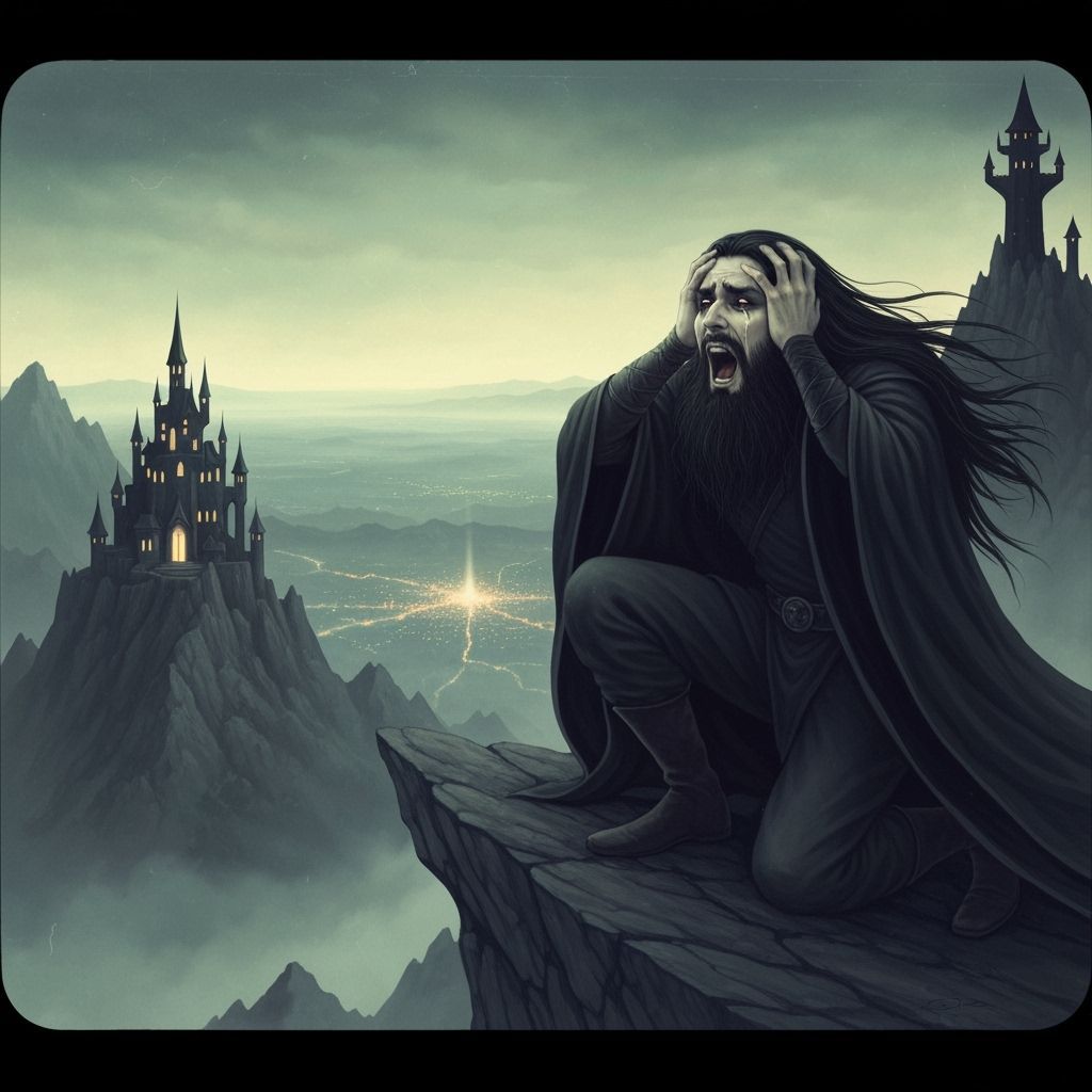 A mysterious dark wizard with long, flowing black hair and beard, and piercing black eyes he screams and cries is unhappily broken is collap...