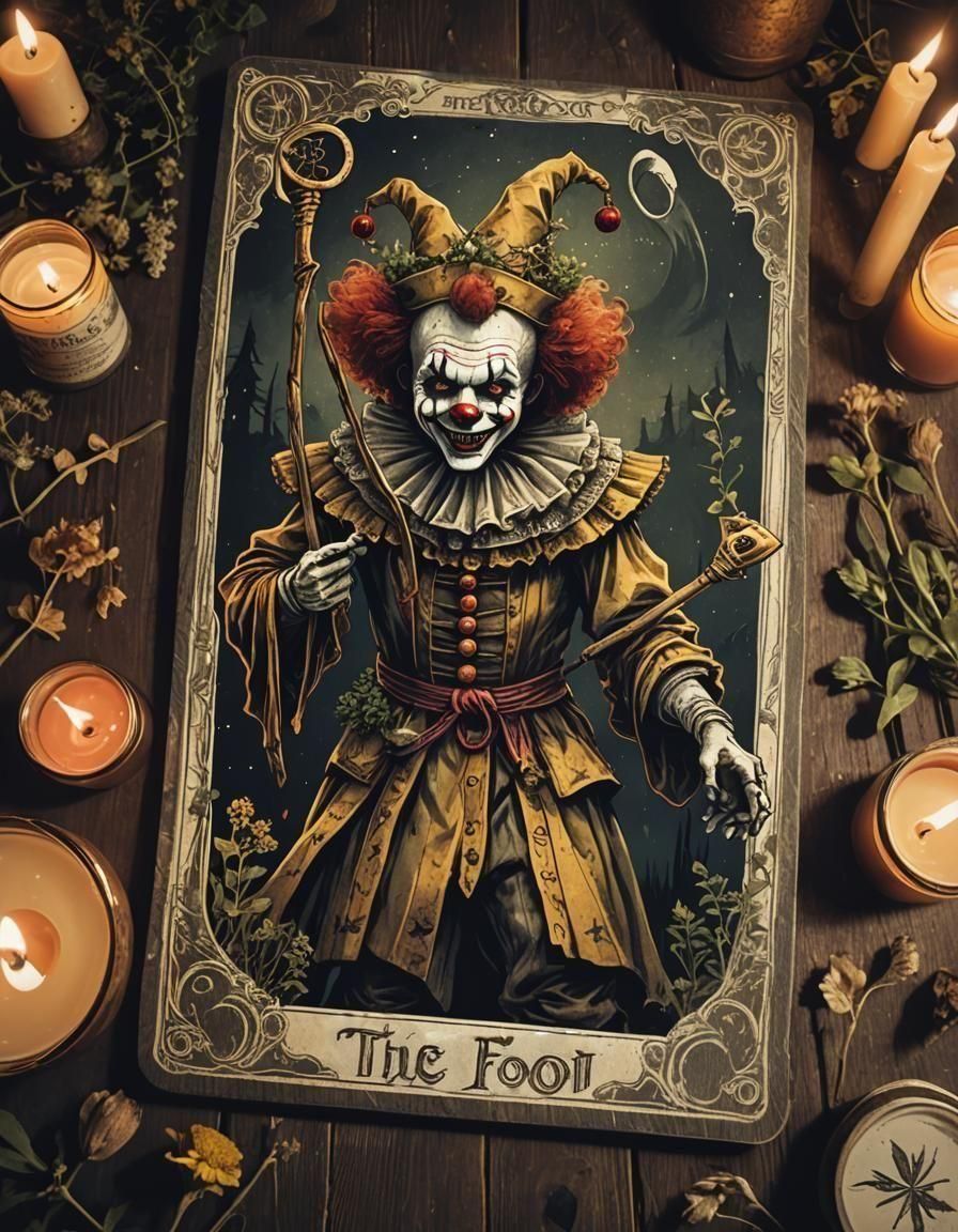 The Fool - clown themed horror tarot card  by @Night Wisp Studio