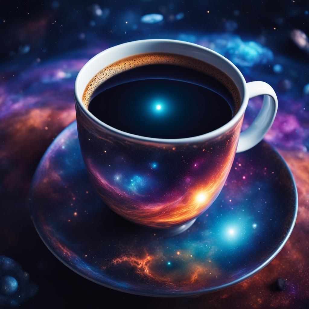A mystical universe around a galaxy style coffee cup, psyche...