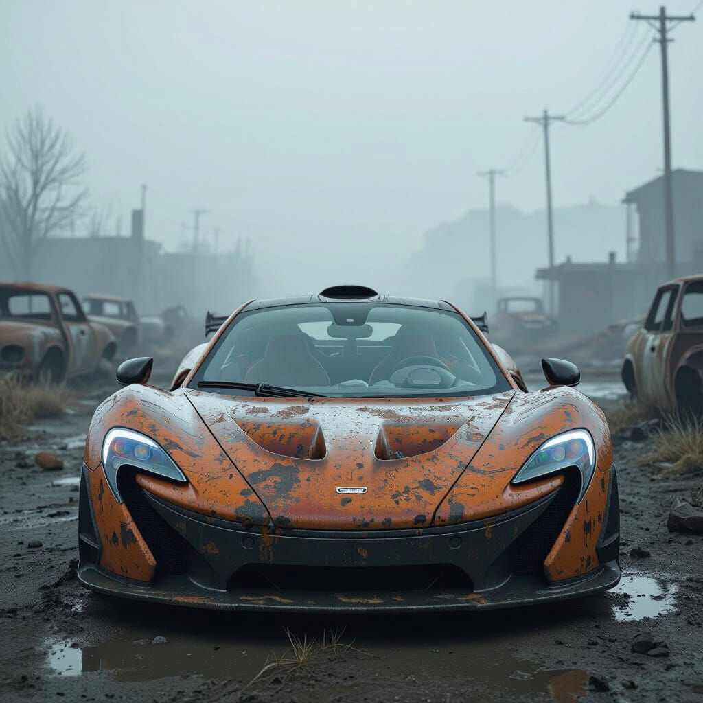 Stepping into infinity“A McLaren P1 with rusty and weathered details, surrounded by a dusty, foggy, post-apocalyptic atmosphere. Moody light...