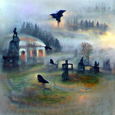 Graveyard with mist and ravens