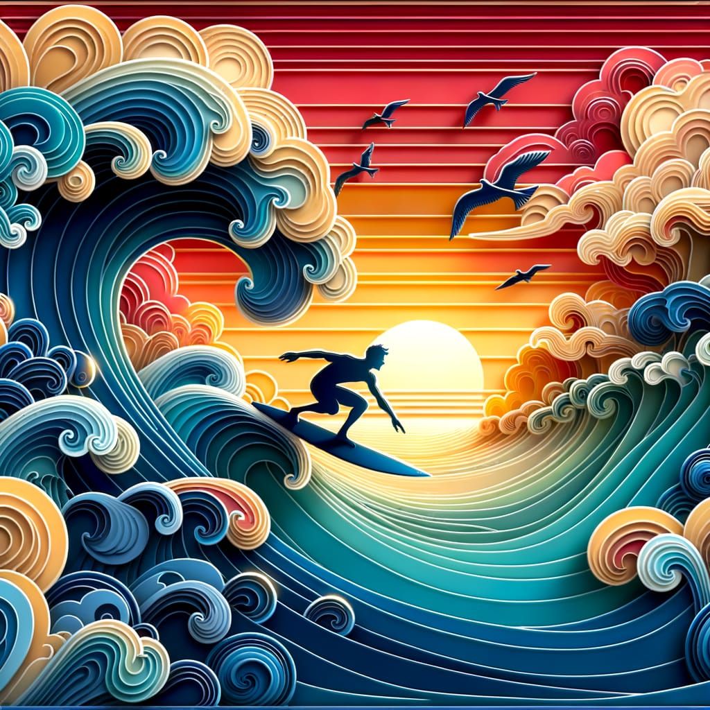 An intricate 3D illustration, surfer on a wave silhouetted against a sunset, swirling fluid patterns ...  by @Dantonio