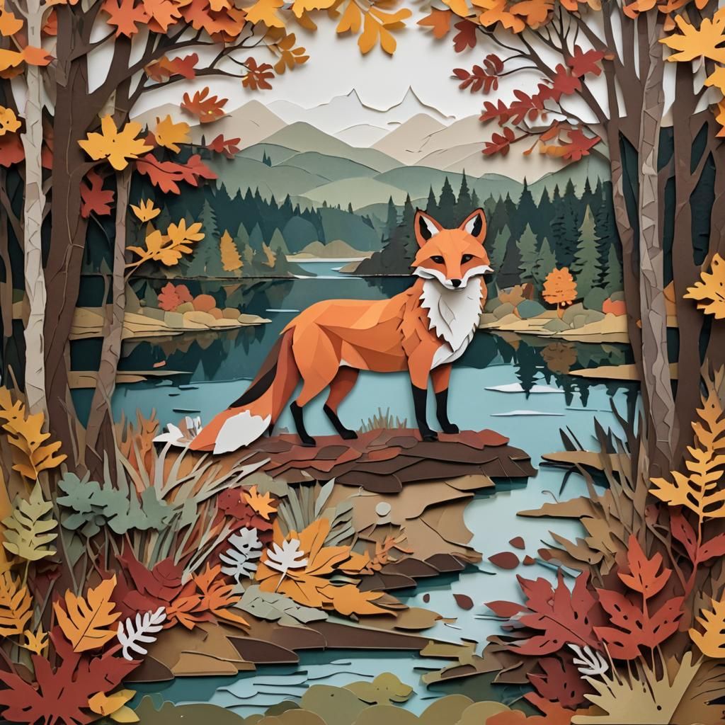 layered paper cutout collage of a fox by a lake within an autumn forest landscape  by @dirk