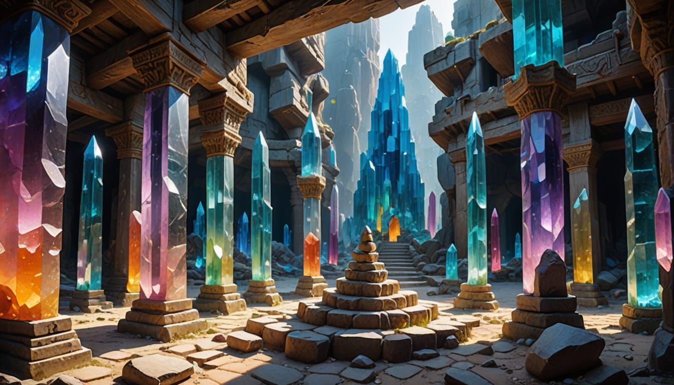 Mythical Crystal Village Amidst Sparkling Columns