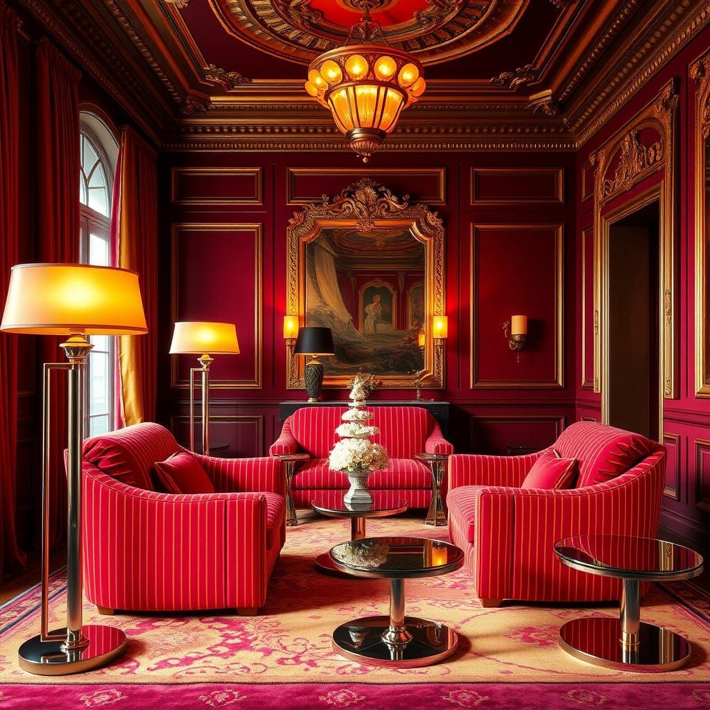 Luxurious Living Room with Red and Yellow Striped ... - AI Art