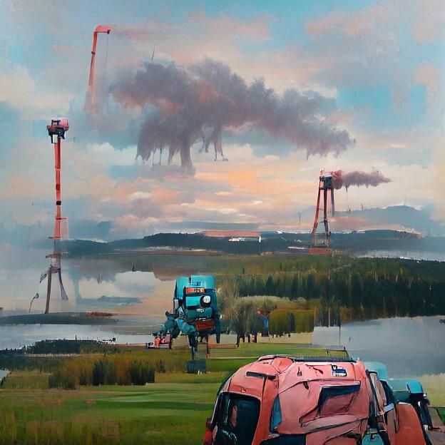 Landscape with giant robot Simon stalenhag