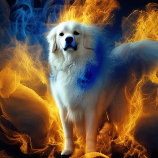 Golden  White fur  wolf in blue red gold flames around Golde...