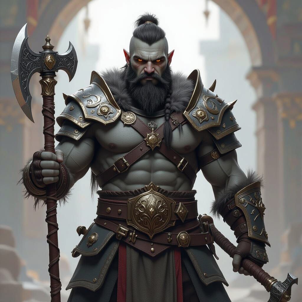 Male half-orc with gray skin, and hazel eyes, with a beard. Athletic build. He has a magical hand-axe in one hand and a battle-axe in the ot...