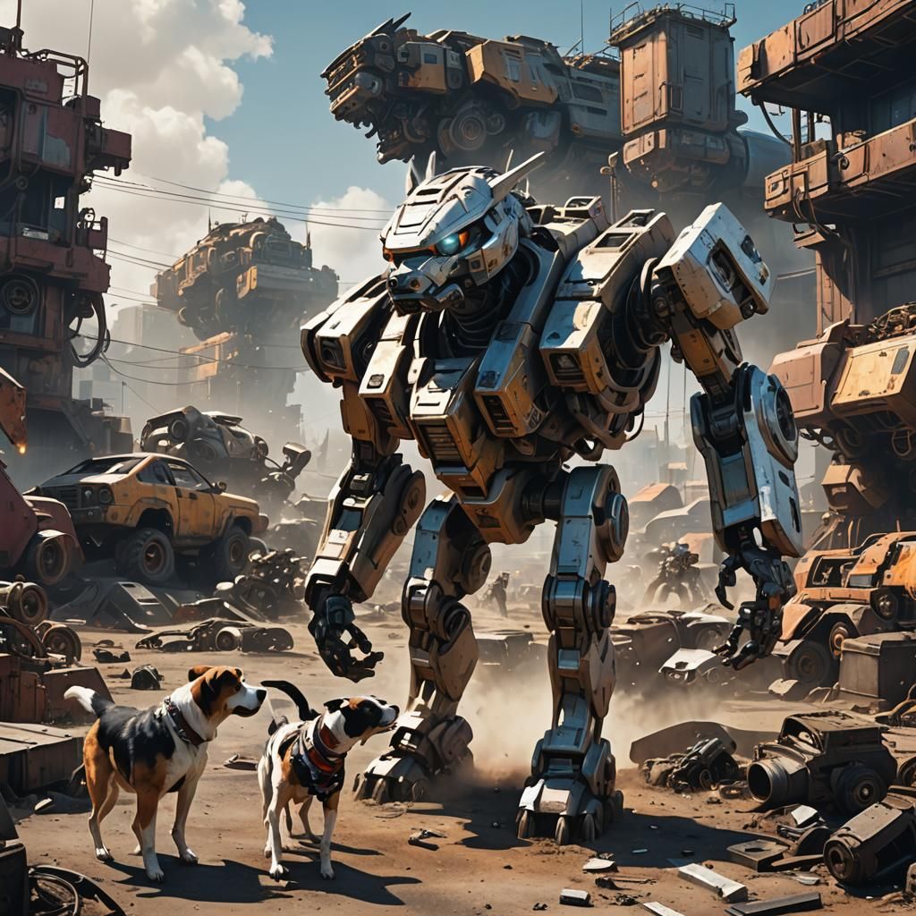 Dog Mechs in Futuristic Junkyard Action Scene