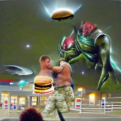 A beefy man fighting alien burgers