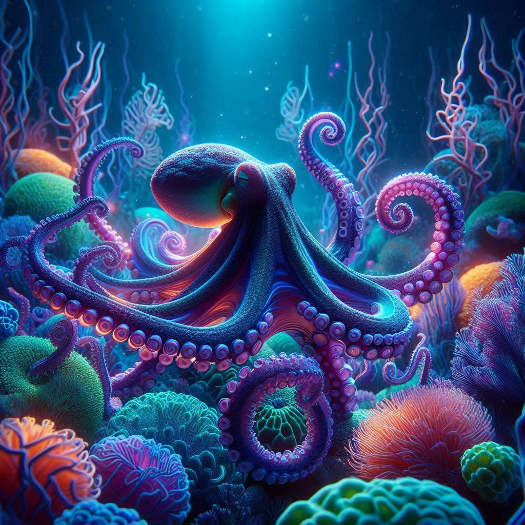 An Octopus swims in a coral reef.